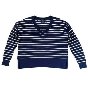 GAP Split-Hem Linen Blend Navy White Stripes Lg Pullover Sweater Top Lightweight
